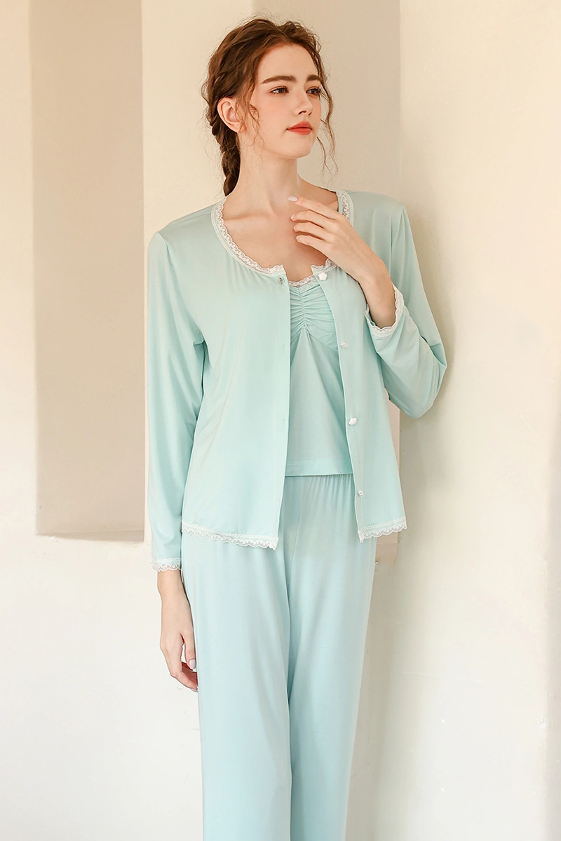 Alt Text: OEM Sexy Satin Nightgown Light Blue with White Lace Satin Sleepwear Set