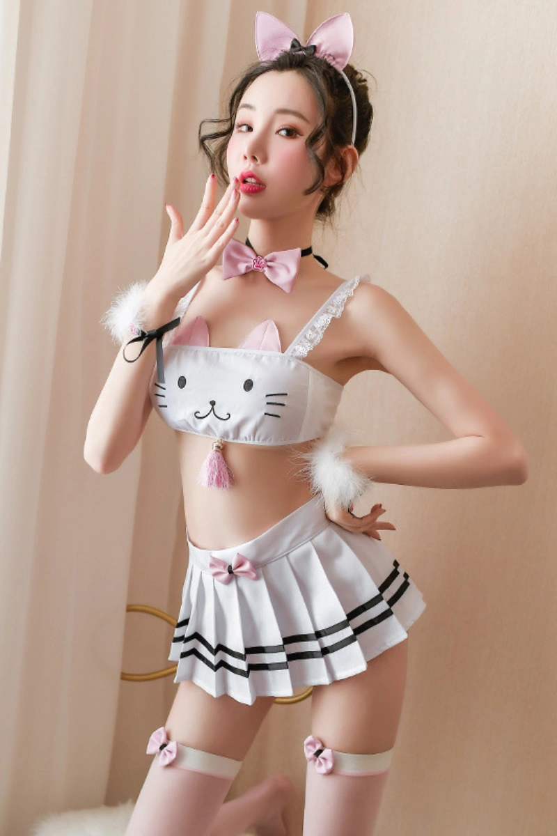 White cat lingerie set with lace straps, pleated skirt, and pink bows for cosplay style