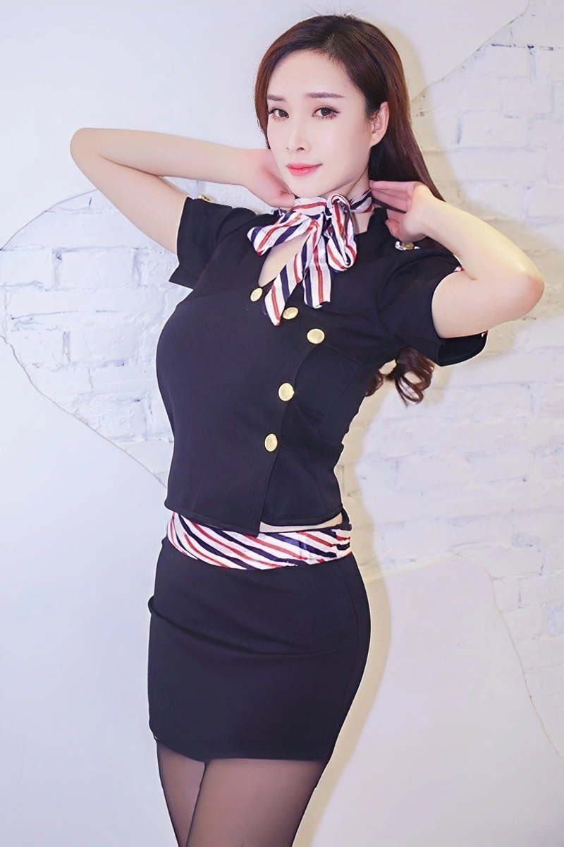 Woman modeling a chic Airline Attendant Bodysuit with short sleeves, gold buttons, and striped bow scarf.