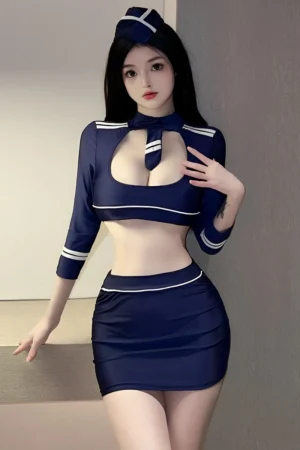 Model wearing navy Airline Attendant Mini Dress with cutout front, matching mini skirt, and hat.