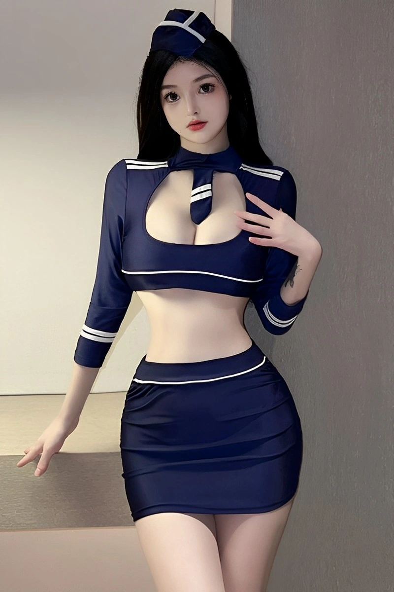Model wearing navy Airline Attendant Mini Dress with cutout front, matching mini skirt, and hat.