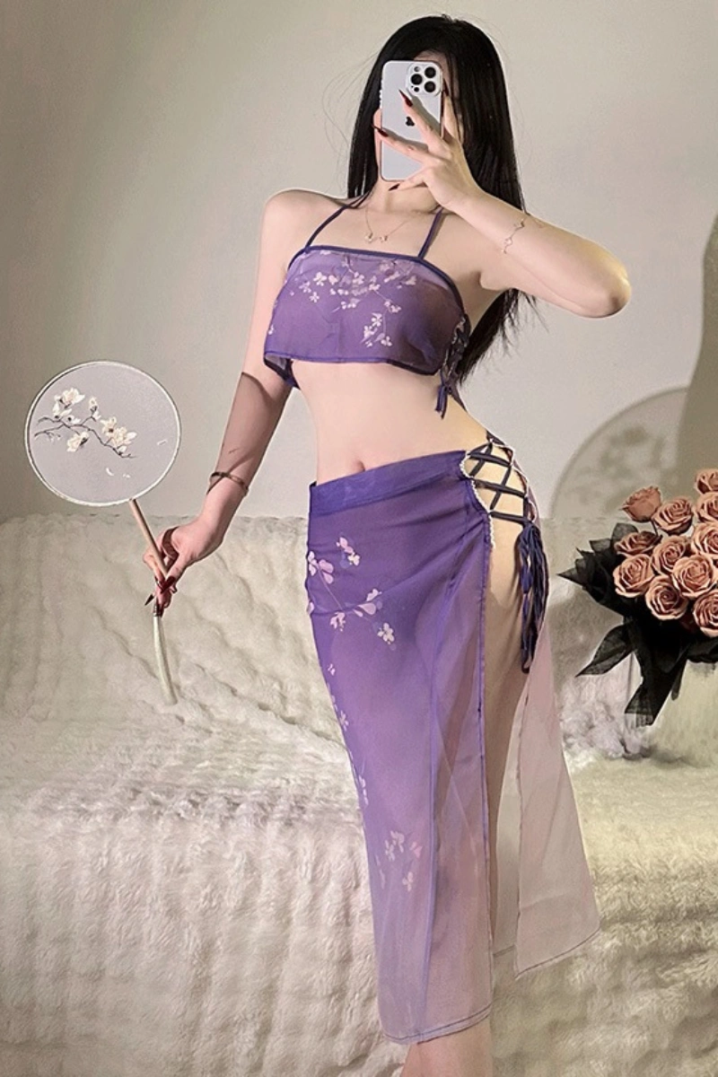 Ancient Costume purple sheer embroidered outfit with floral fan for cosplay and photography