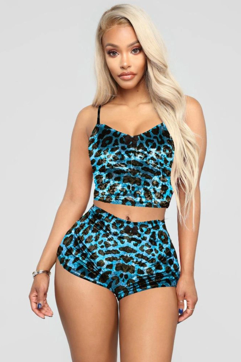 Trendy b2b wild leopard lingerie in blue leopard pattern crop top and shorts