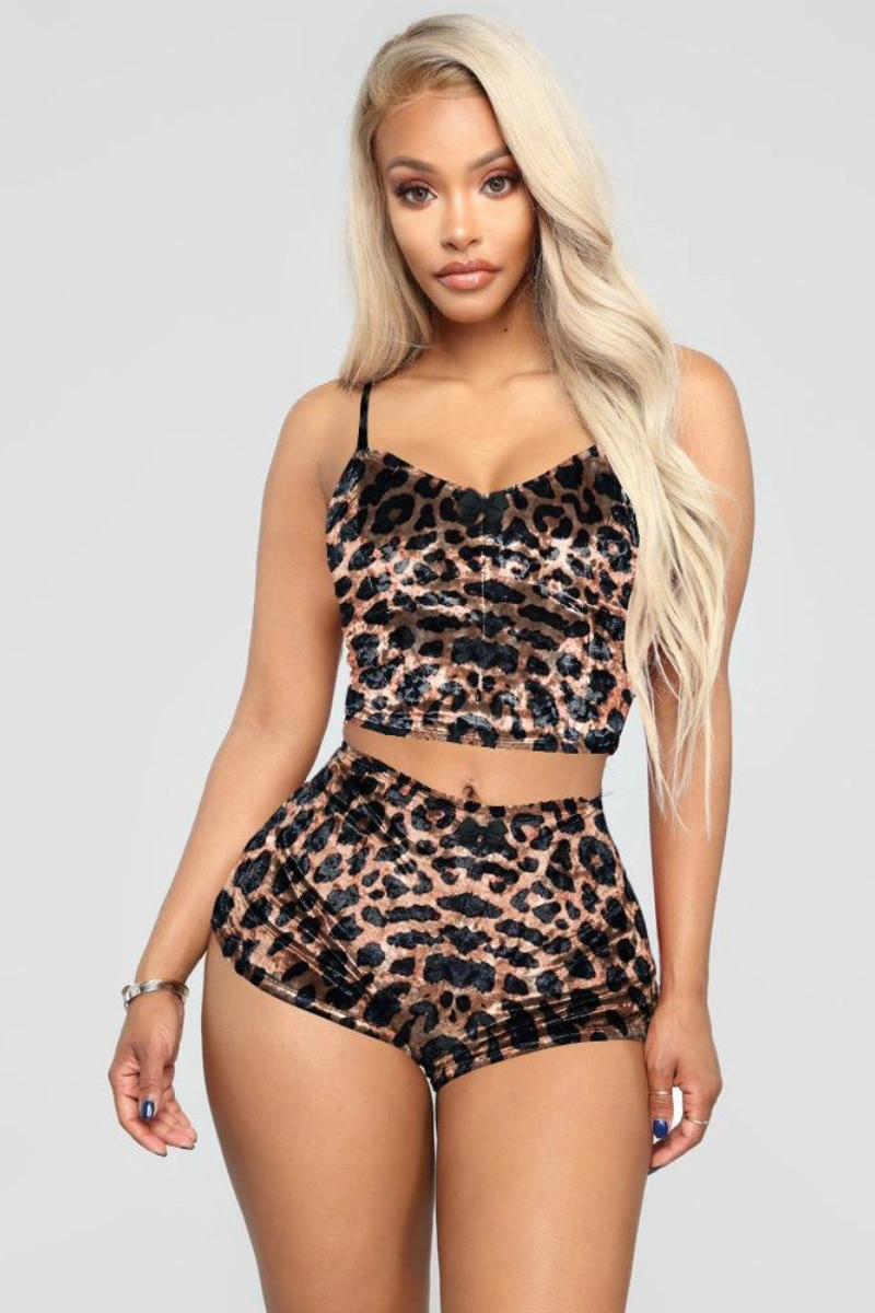 Chic b2b wild leopard lingerie in brown leopard print two-piece set