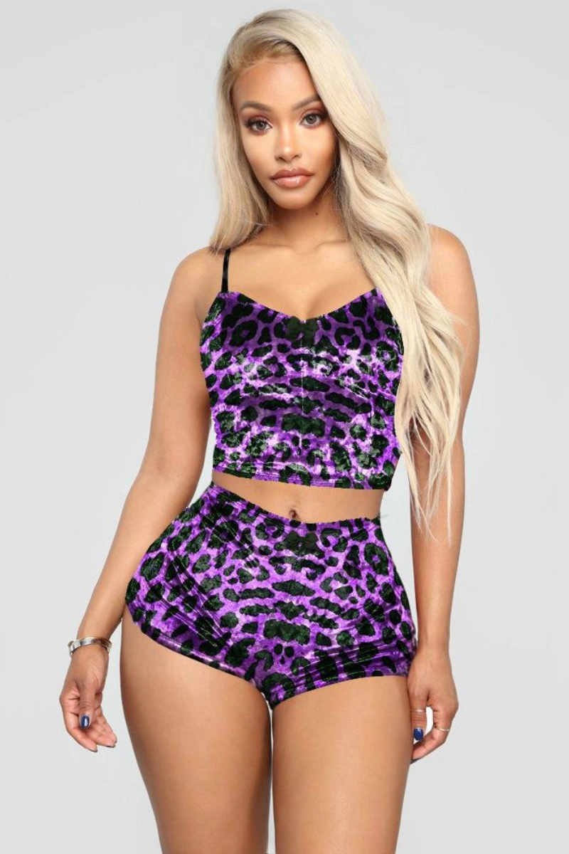 Elegant b2b wild leopard lingerie in purple leopard print two-piece set