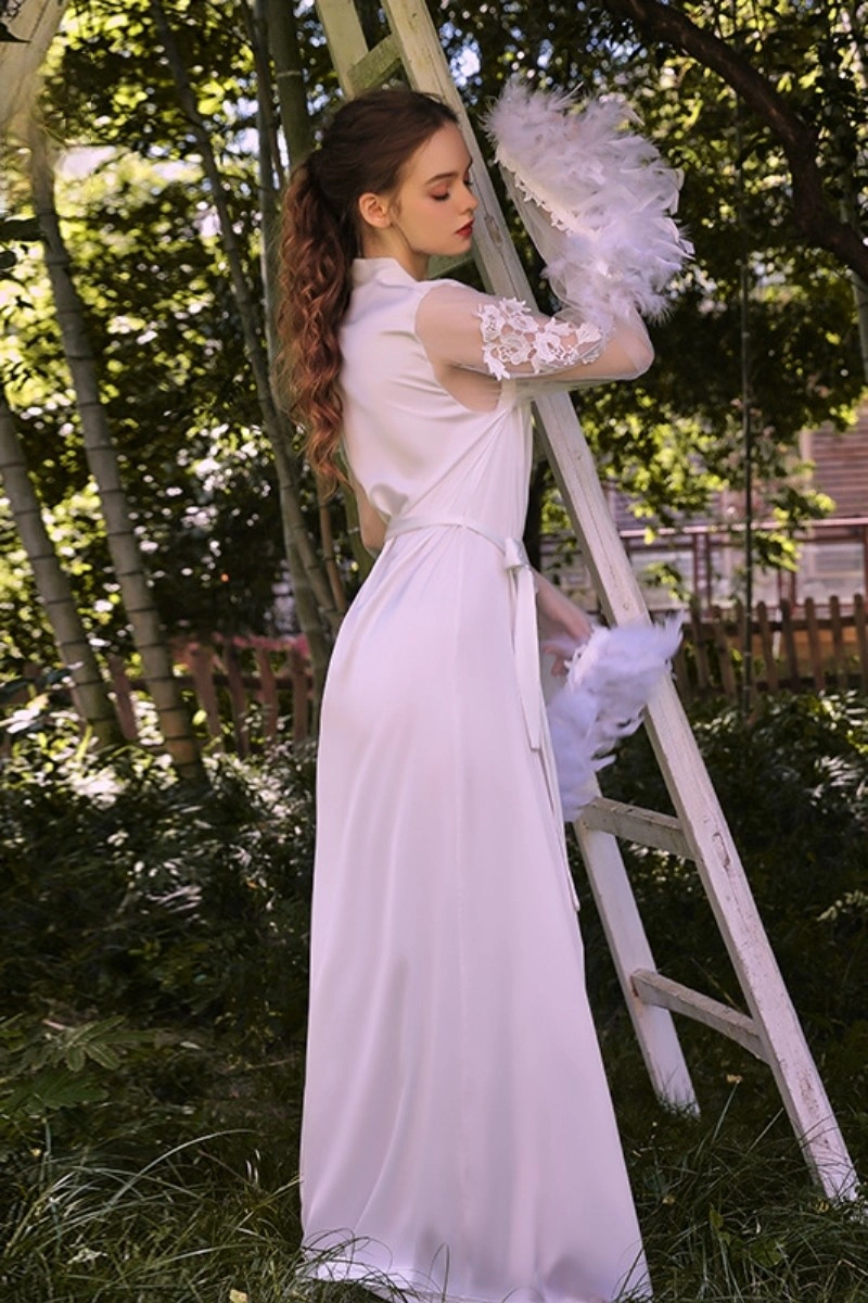White custom Long Sexy Nightgown back view showing lace sleeve detail and feather trim