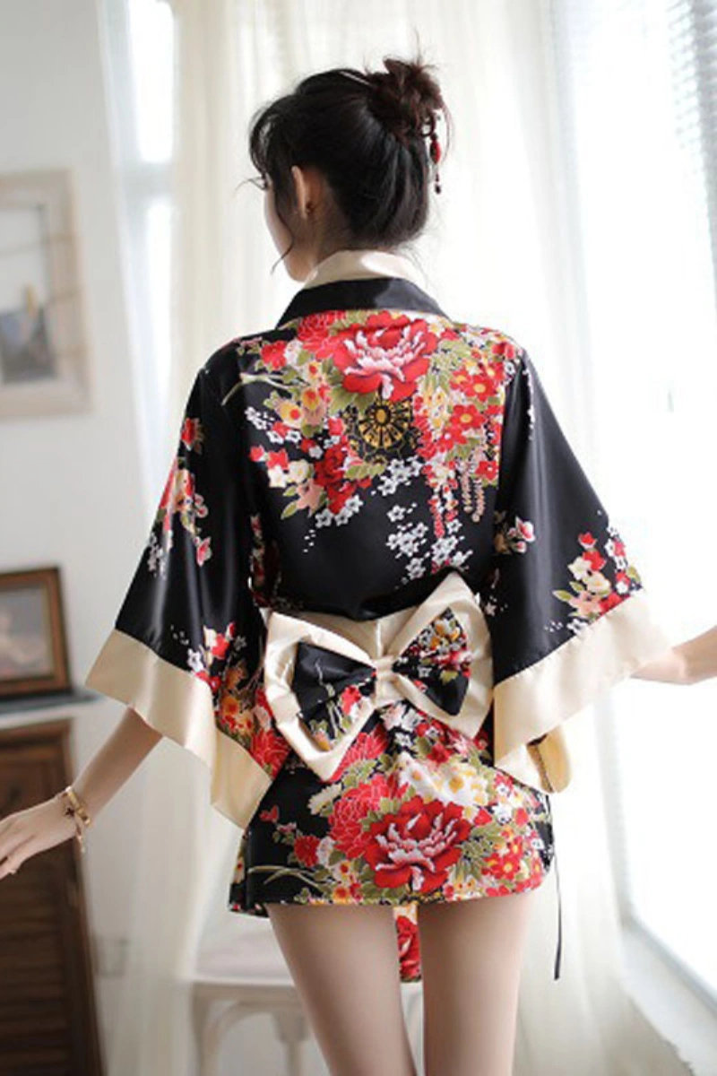 Back view of black floral japanese kimono nightwear featuring a satin bow