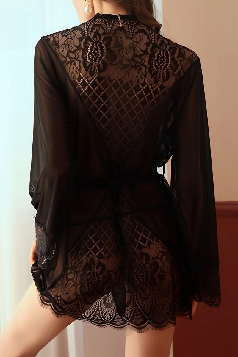 Alt Text:Black Sexy Nightgown wholesale showing floral lace back