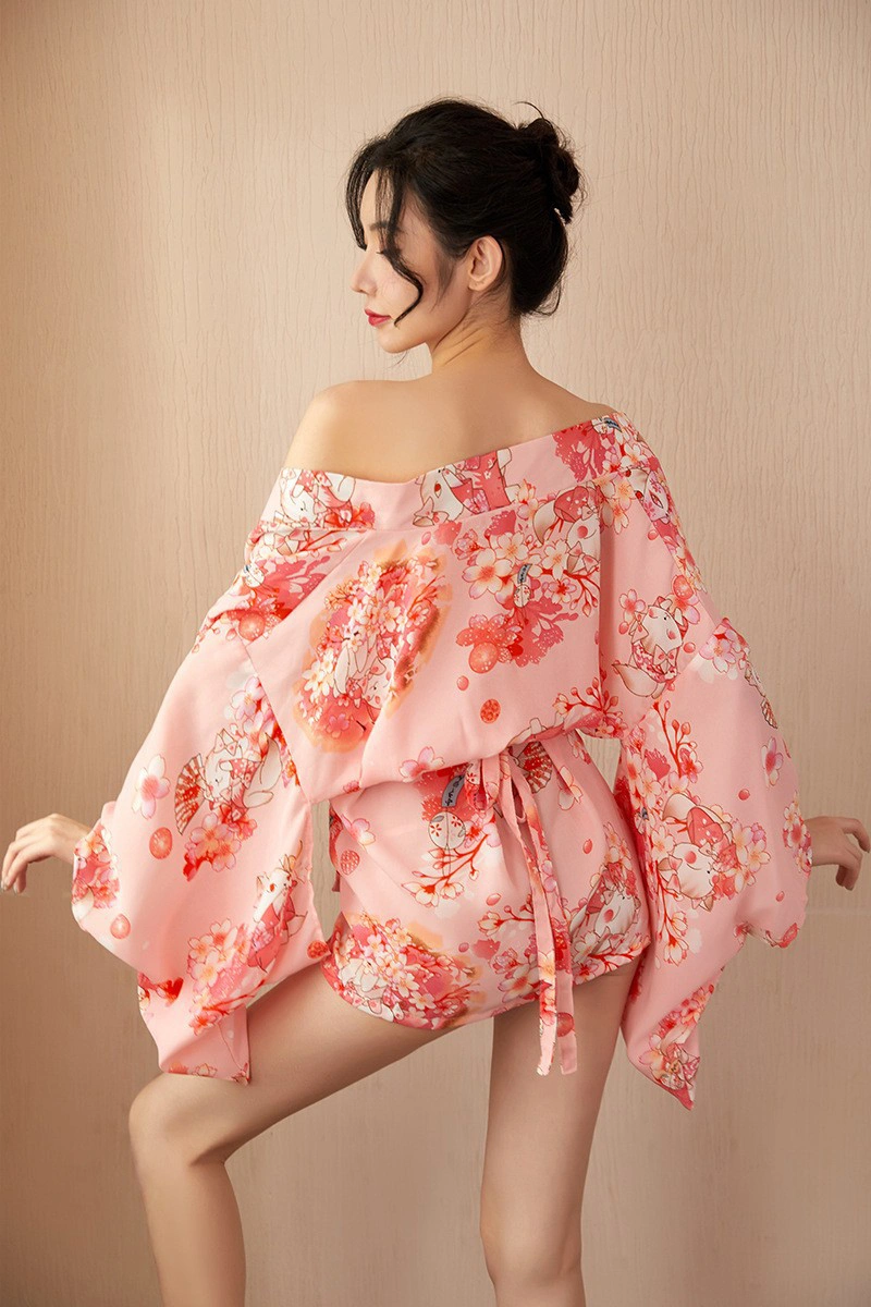 Alt text:Pink floral kimono wrap nightdress showing back design and belt