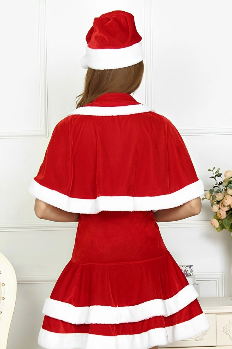 Alt Text: Back view of red velvet sexy christmas sleepwear with white fur trim