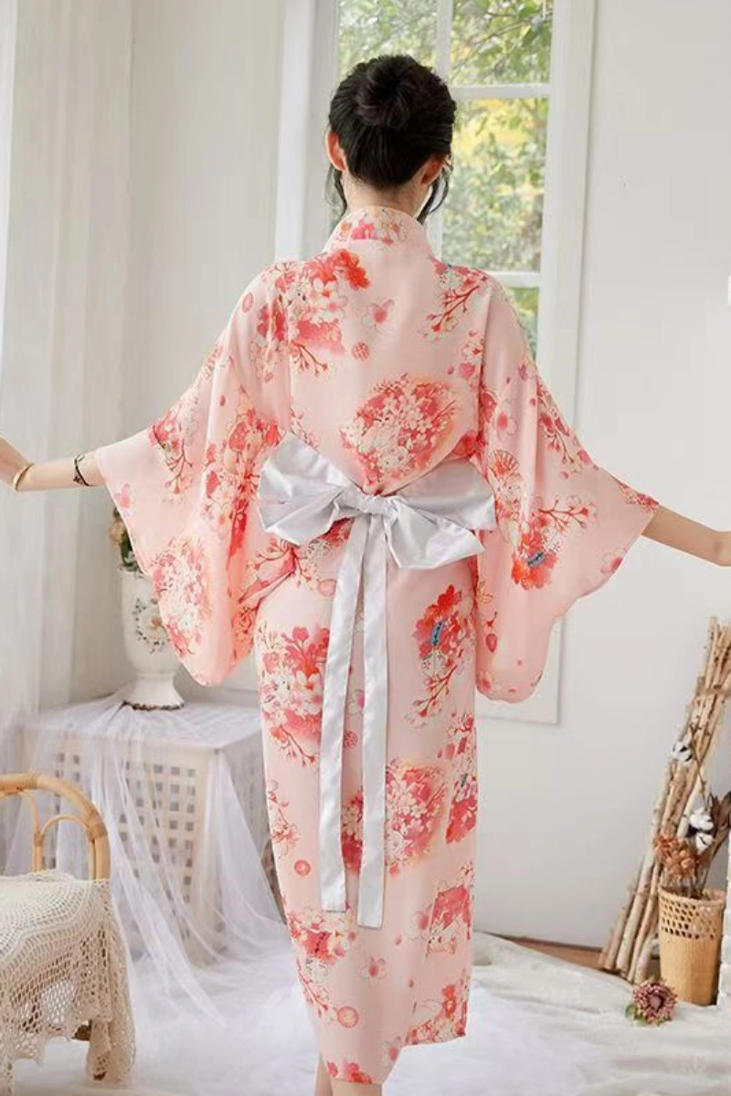Alt Text: Satin kimono nightgown in pink with floral print and oversized white back bow