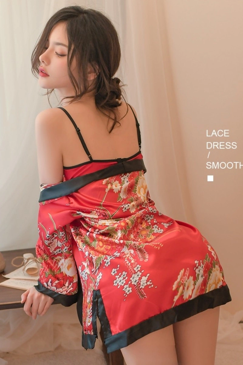 Alt Text: Rear view of red oriental kimono lingerie with floral design and black edges
