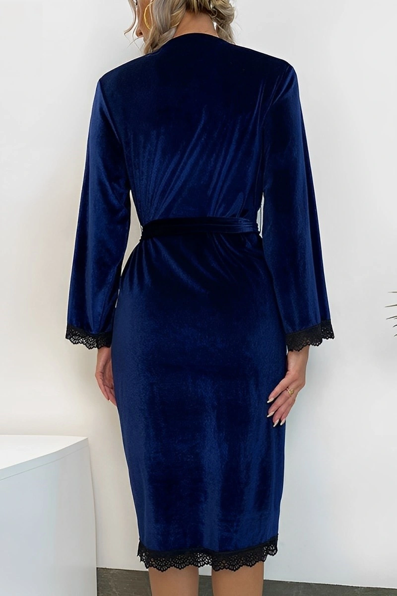 Backside of private label Sexy Lace Nightgown in royal blue velvet with lace details