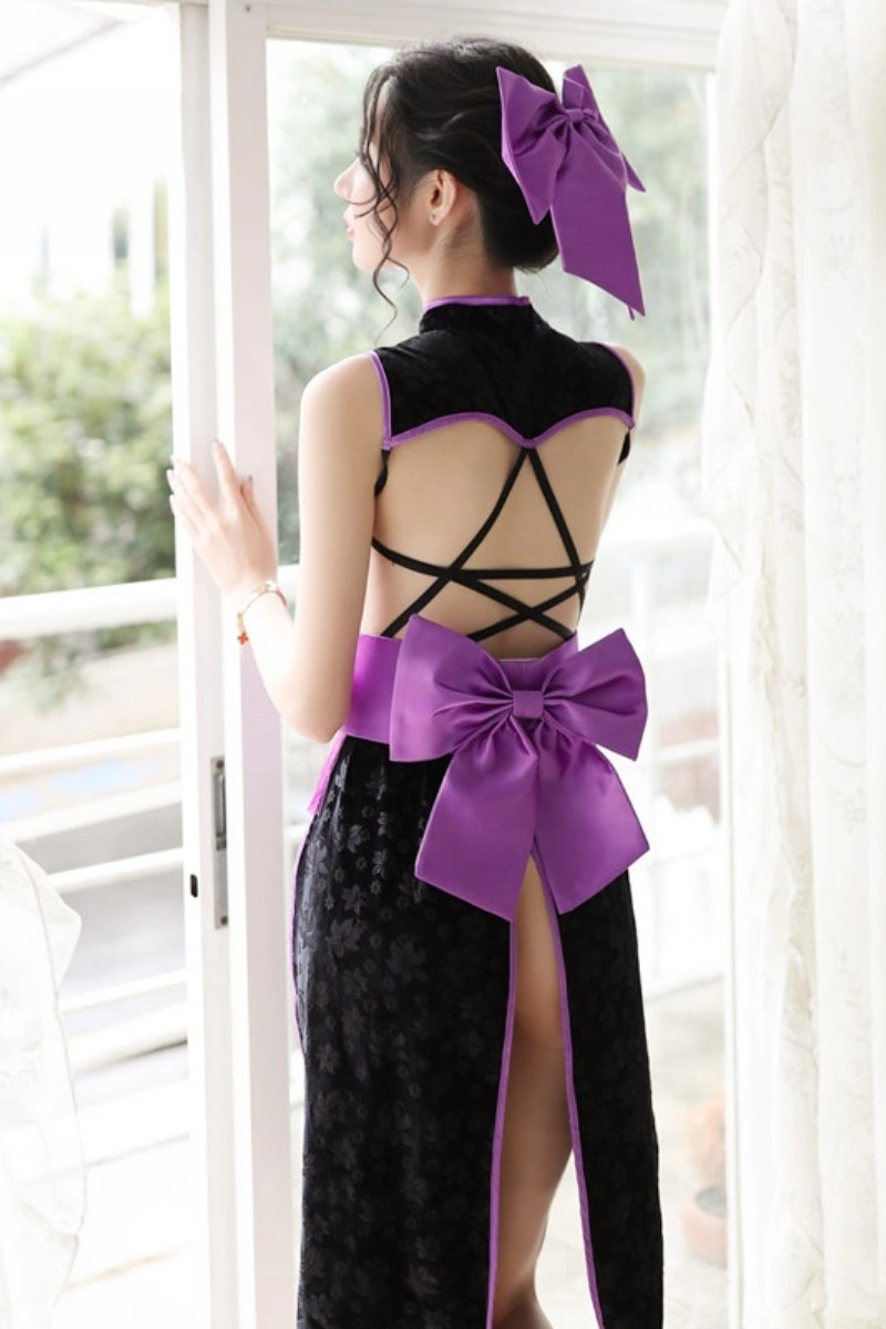Back view of cheongsam lingerie outfit with crisscross straps and oversized purple bow.