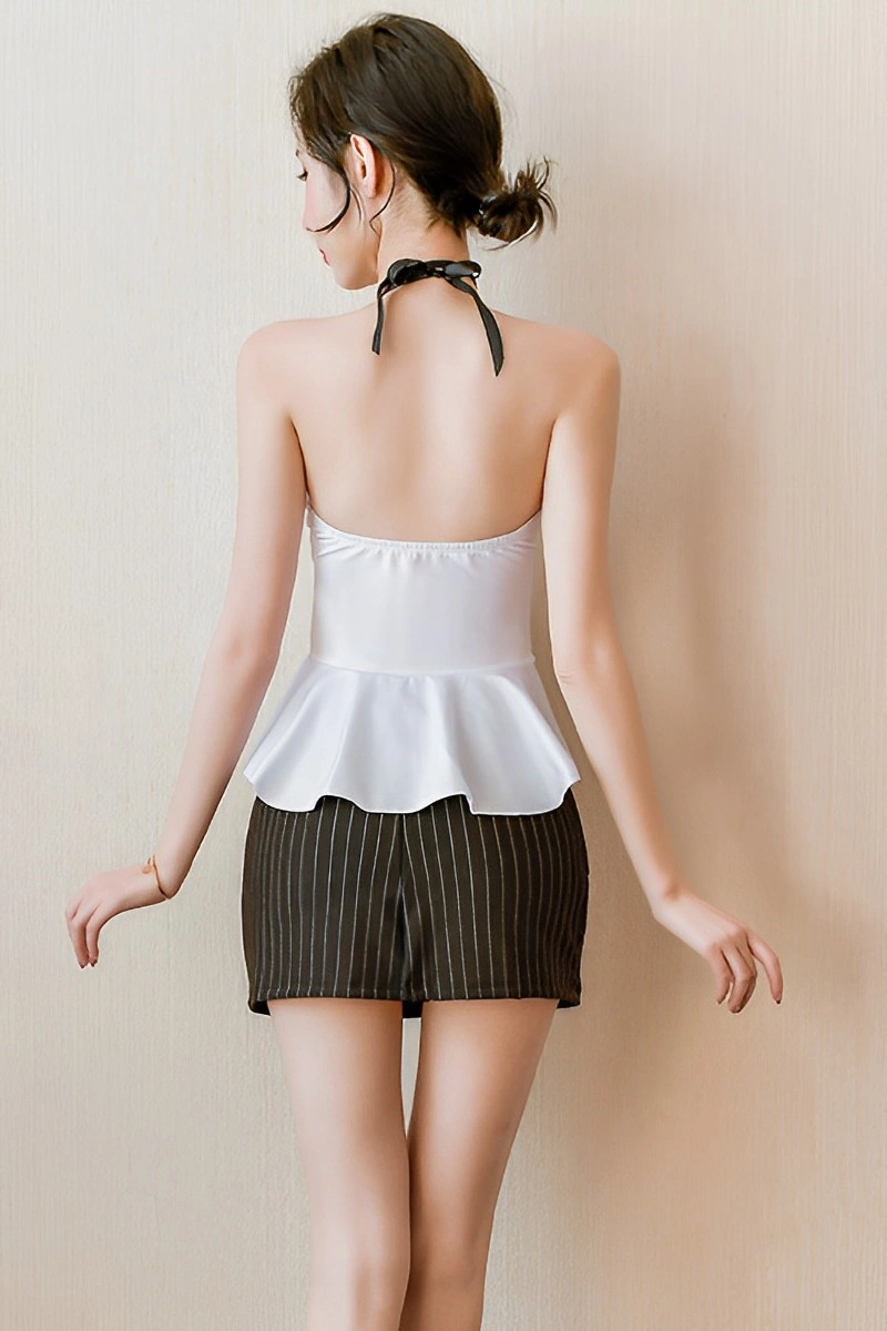 Erotic secretary costume showing a backless white halter top with peplum hem and striped skirt.