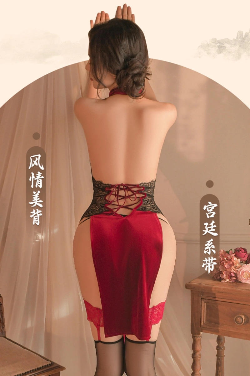 Model showing the back view of a red cheongsam lingerie costume with lace-up waist detail.