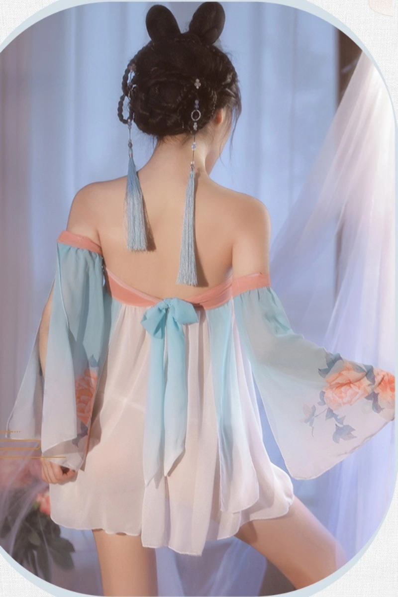 Alt Text: Back view of wholesale oriental fantasy lingerie with soft chiffon bow and floral sleeves