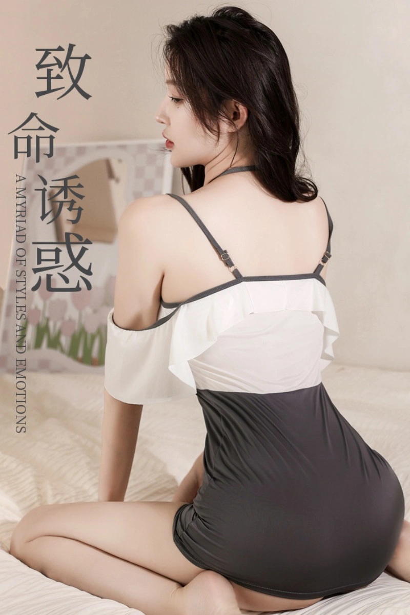 Model showing the back design of a wholesale sexy secretary outfit in gray and white with adjustable straps.
