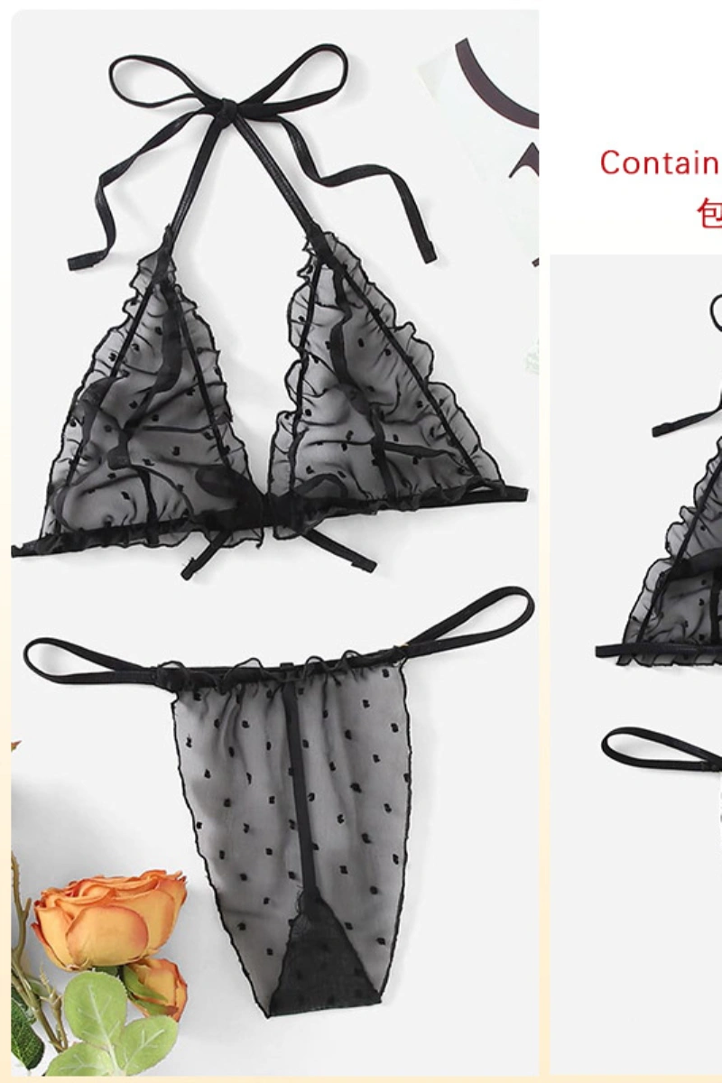 Sexy black christmas lace pajamas with sheer ruffle bra and thong design.