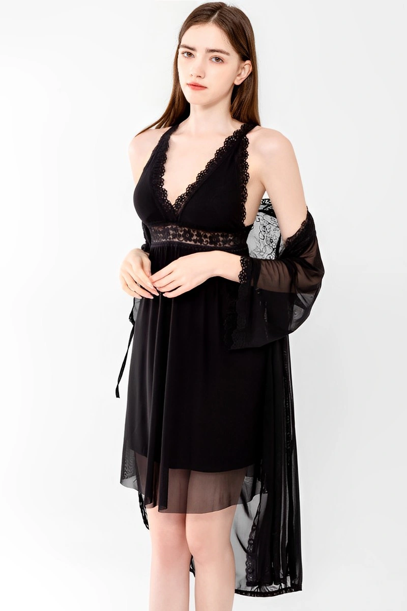 Alt Text:Black lace Sexy Satin Nightgown featuring a sheer lace robe for an alluring look