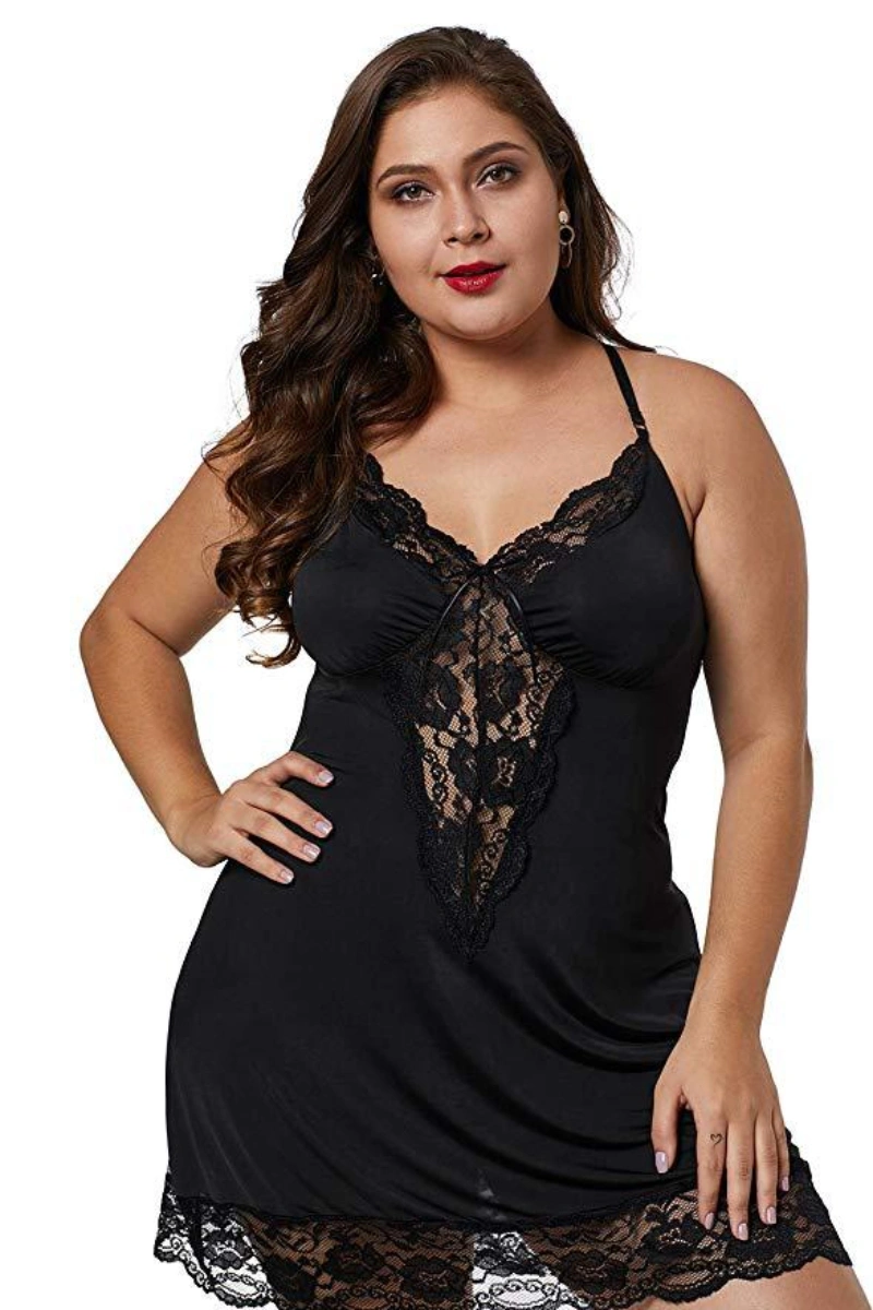 Alt Text: Sexy black leopard print babydoll with lace accents for plus size women