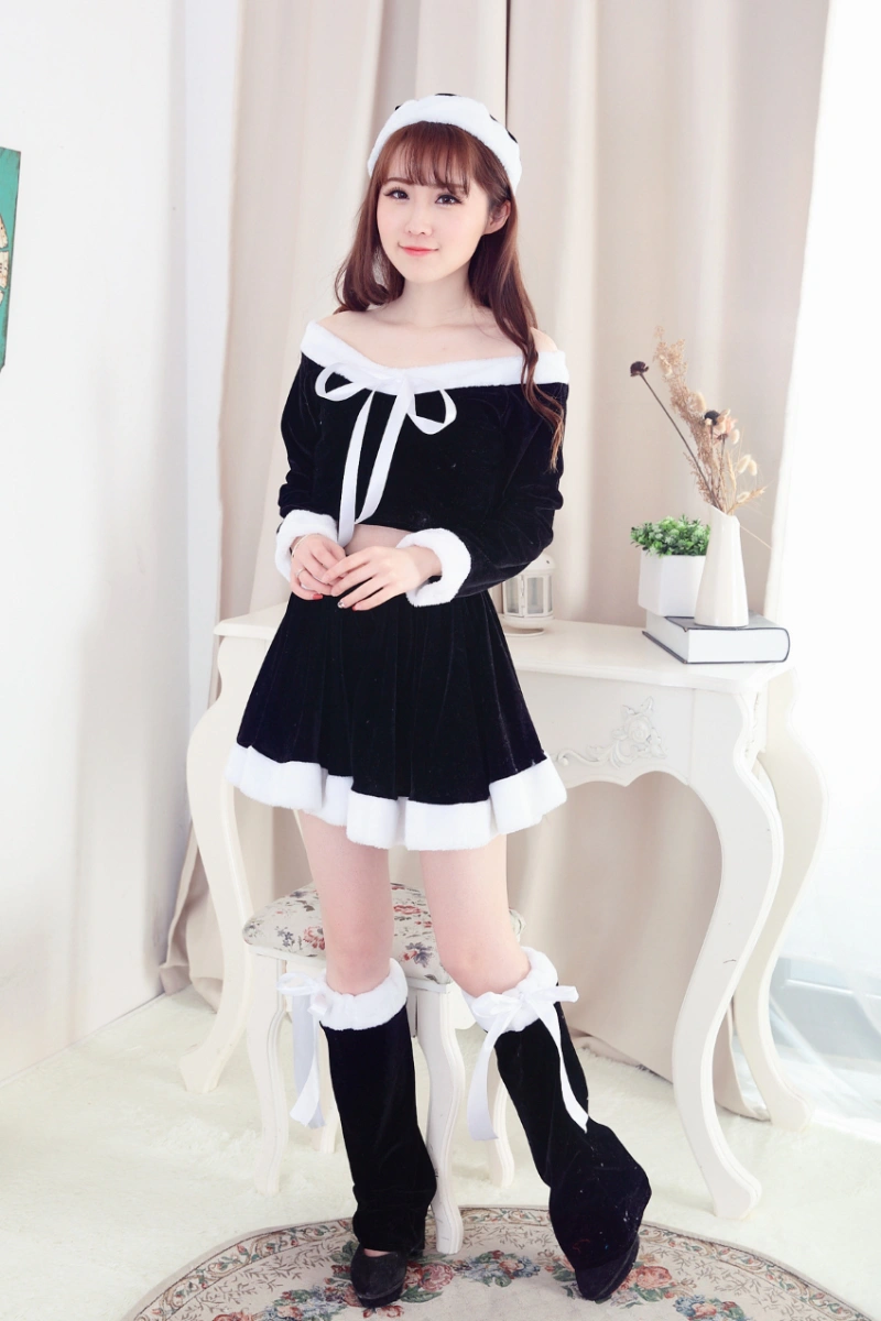 Alt Text:Black santa cosplay lingerie set with white trim and winter style