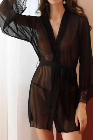 Alt Text：Black Sexy Nightgown wholesale belted front sheer robe