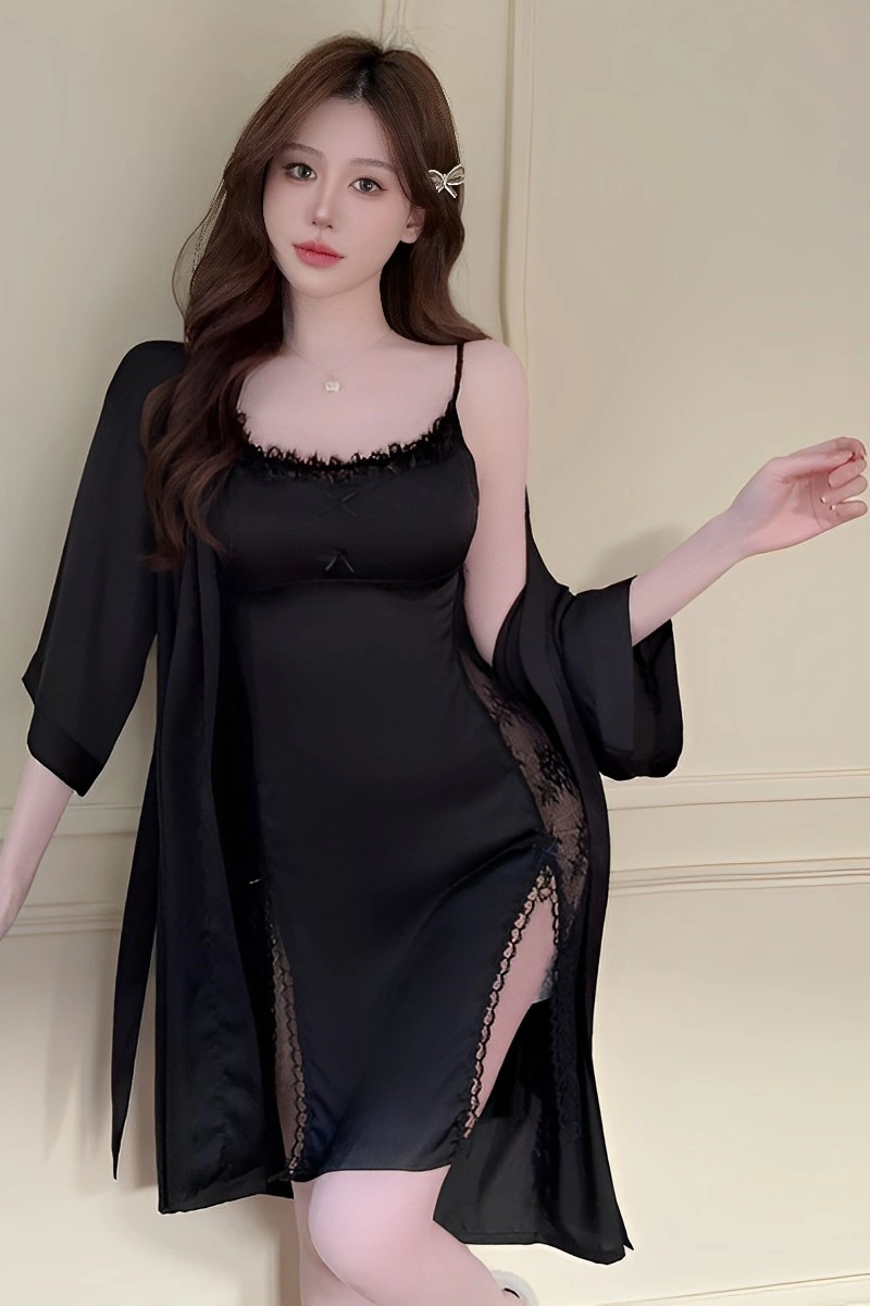 Alt Text:Black Sheer Sexy Nightgown featuring side-slit lace design
