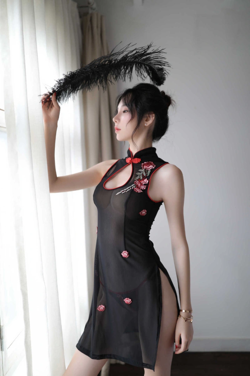 Sexy black wholesale erotic cheongsam lingerie with embroidered floral patterns and cutout neckline