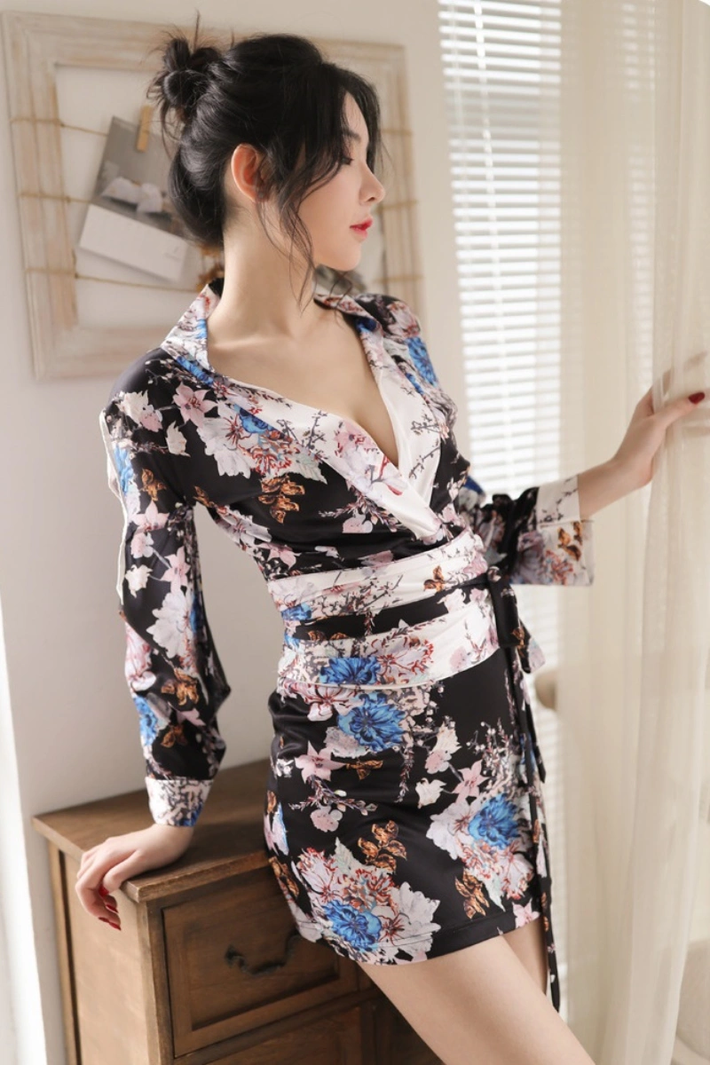 Alt Text:black wholesale oriental kimono lingerie with colorful floral accents