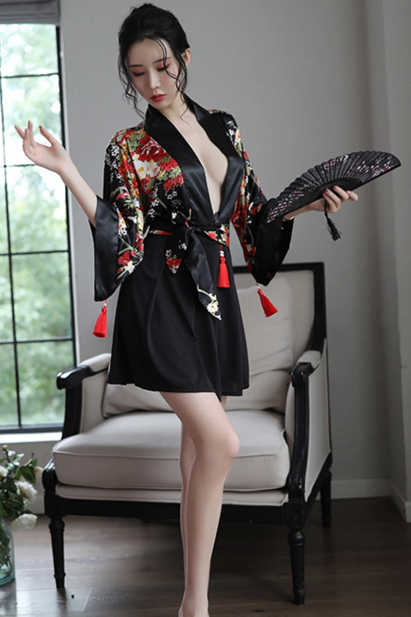 Alt Text: Black and red floral kimono robe lingerie with waist tie and wide sleeves