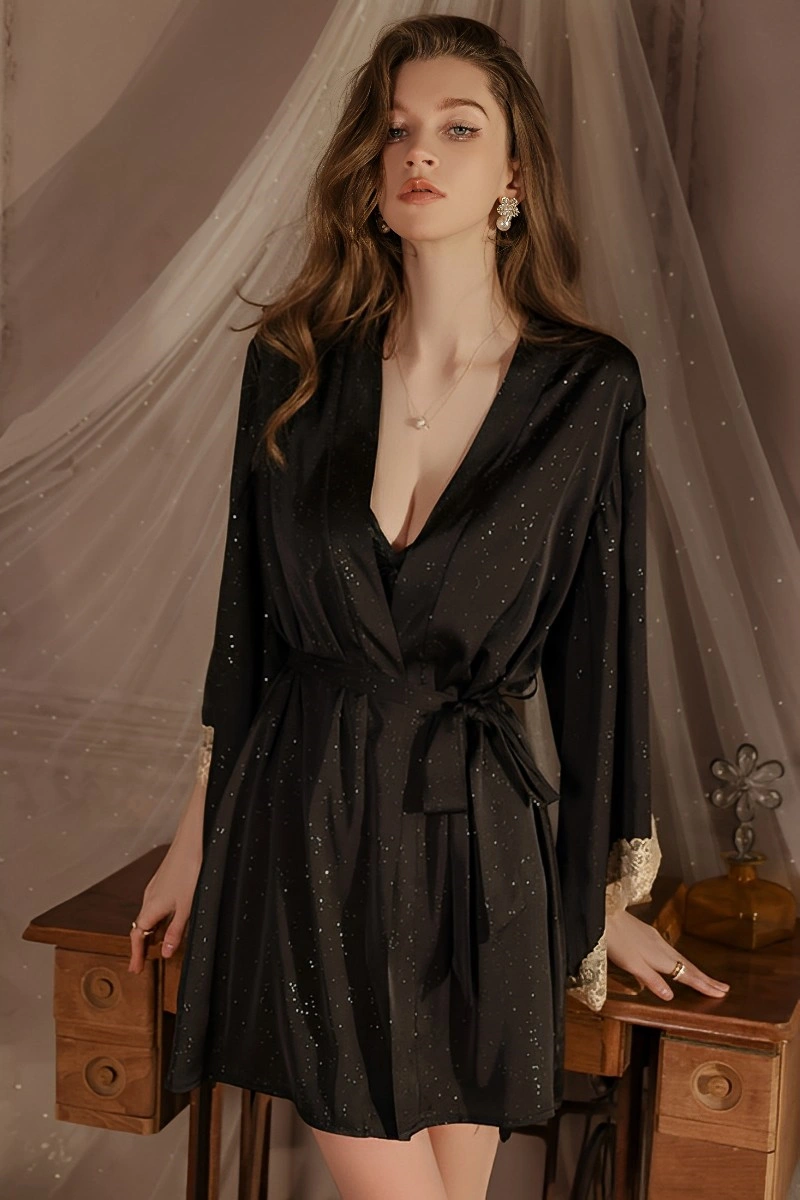 Black private label Long Sexy Nightgown with satin robe and golden lace cuffs