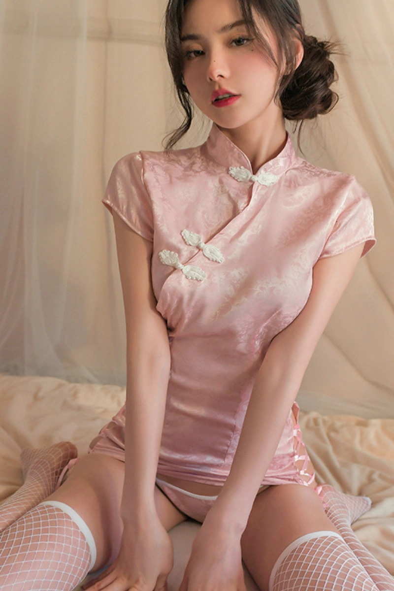 Alt text:Front view of model in pink wholesale chinese empress lingerie
