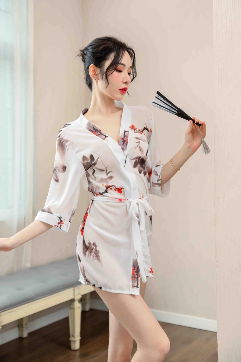 Alt Text:Chic kimono nightwear dress in white with floral pattern and tie belt