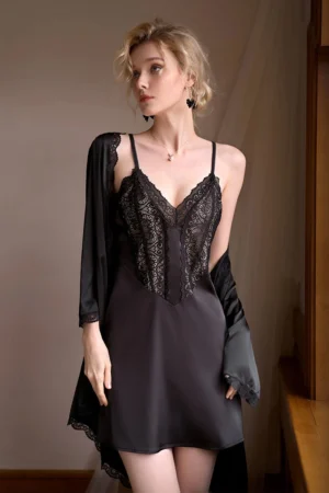 Alt Text： oem Black Sexy Nightgown with floral lace front and satin texture