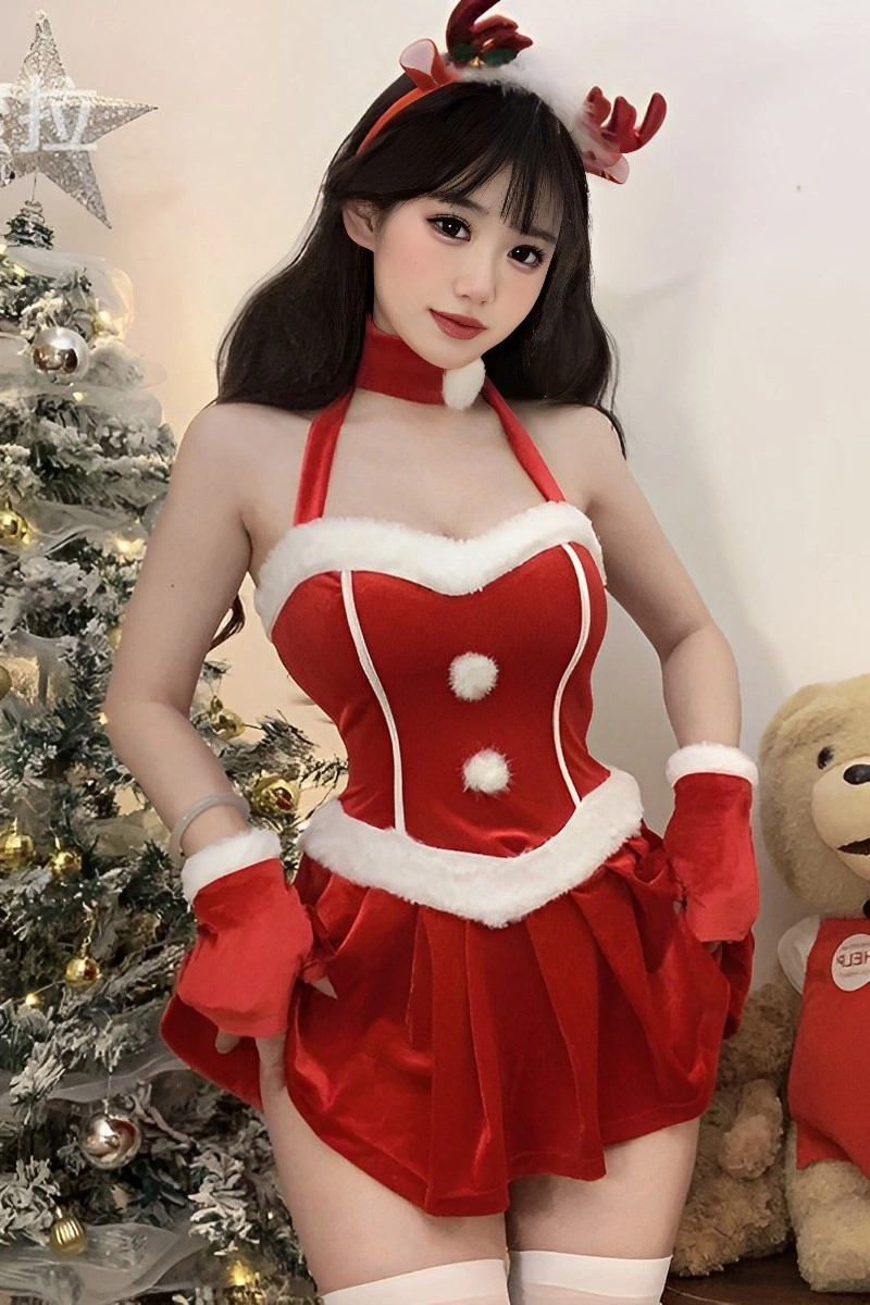 Alt Text:Sexy christmas bodysuit lingerie in red velvet with white pom-pom decorations