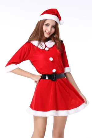 Alt Text： christmas lingerie red Santa dress with white buttons and belt front view