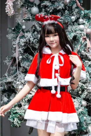 Alt Text： christmas lingerie for women festive red Santa dress with pom-poms and white fur trim