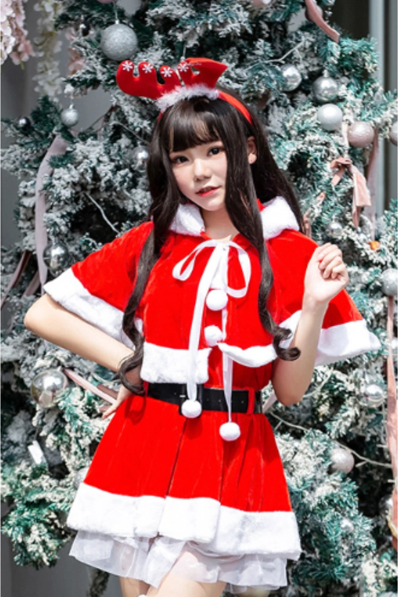 Alt Text: christmas lingerie for women red velvet Santa dress with white fur trim and cape