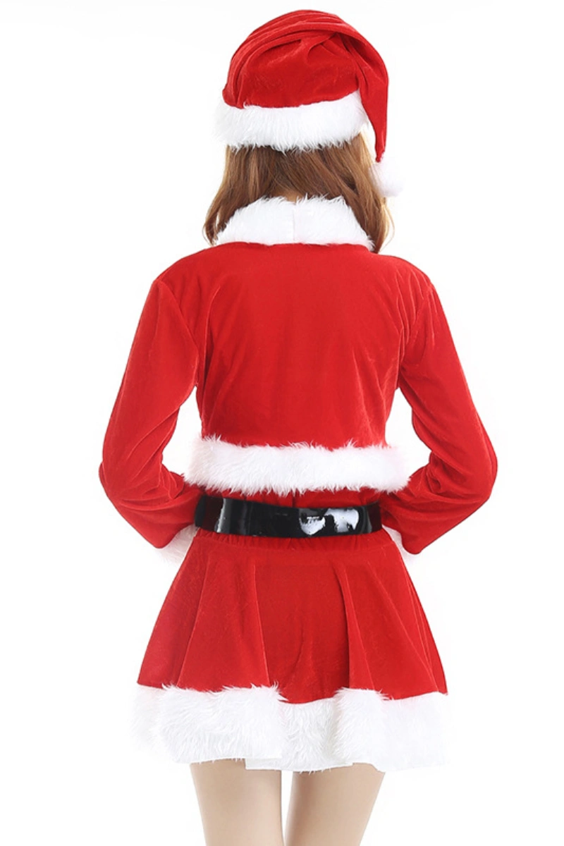 Alt Text: Elegant christmas themed lingerie featuring a red velvet mini dress with white faux fur trim and matching Santa hat