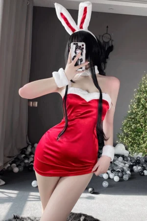Festive red bunny ears lingerie with strapless neckline and furry trim