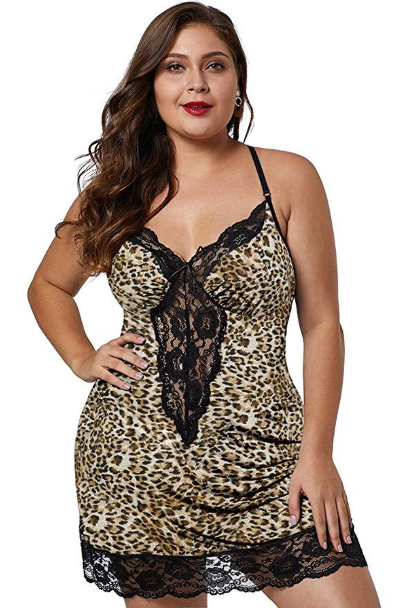 Alt Text: Plus size leopard print babydoll with black lace trim on neckline and hem