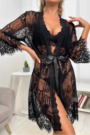 Custom Black Sexy Nightgown with Sheer Lace and Satin Bow
