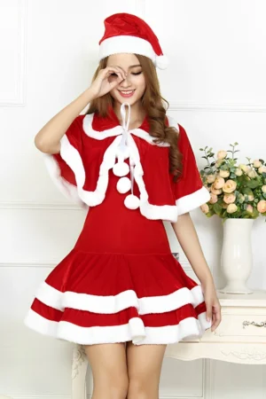 Alt Text： Model wearing sexy christmas sleepwear with white pom-poms