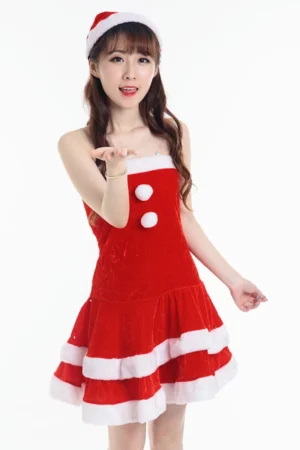 Alt Text： velvet christmas lingerie with Santa hat and front pom-pom details