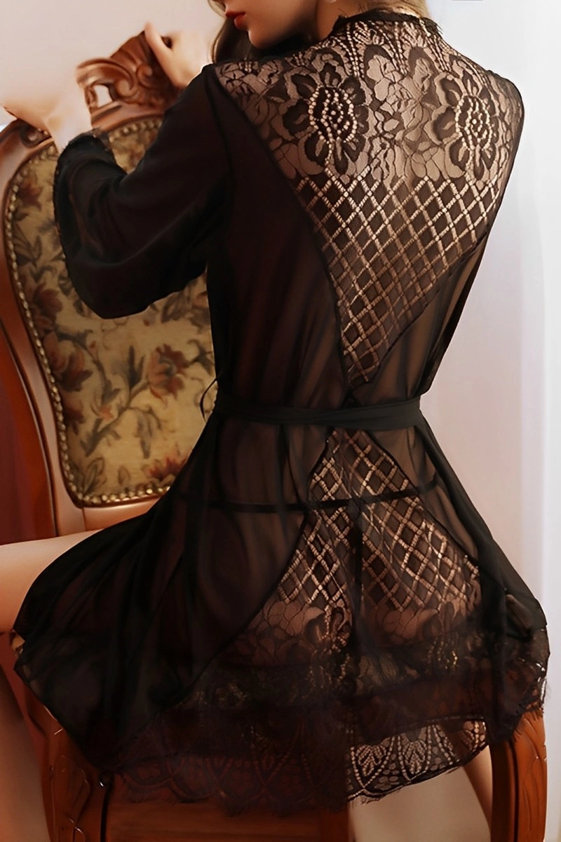 Alt Text:Black Sexy Nightgown wholesale with close-up lace texture