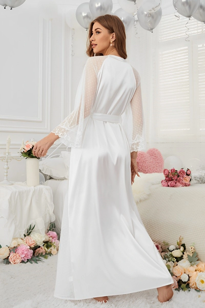Alt text：Back view of model wearing b2b Short Sexy Nightgown with lace sleeves in white