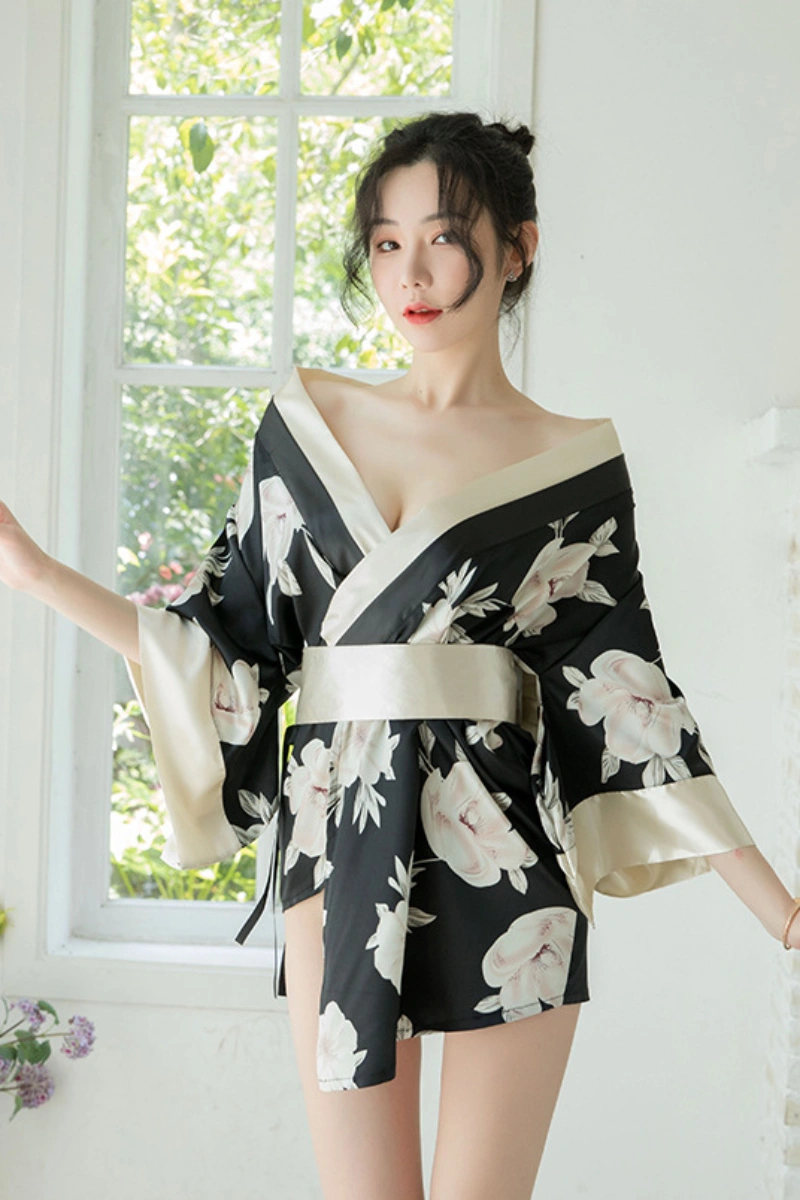 Front view of black floral japanese kimono nightwear with wide sleeves