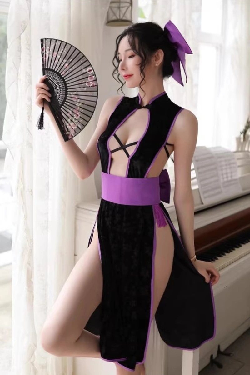 Sexy cheongsam lingerie outfit with deep cutout neckline and purple waistband.