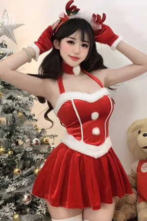 Alt Text：Charming christmas bodysuit lingerie in red with flared skirt and white fur accents